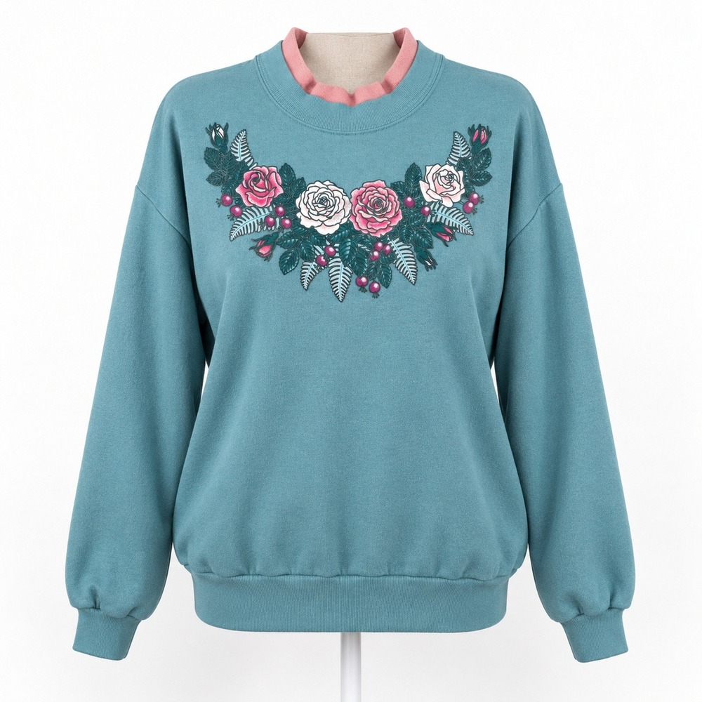 Vintage 90s Floral Rose Double Collar Sweatshirt Size XL Teal Cottagecore Granny